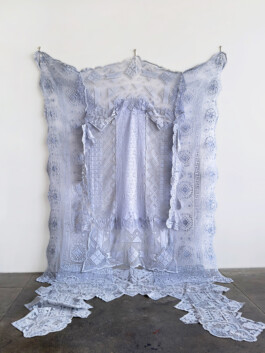 Blue painted lace textile wall art 