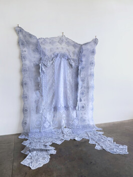 Blue painted lace textile wall artwork 